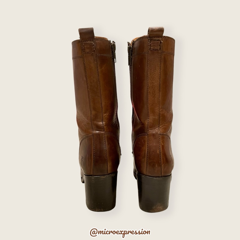 $429 Frye Kendall Lace Up Brown Genuine Leather Mid-Calf Heeled ZipUp Ankle Boot - Picture 12 of 16